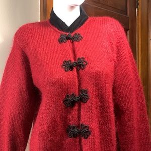 80’s C WEBB MOHAIR CHERRY RED SWEATER WITH BLACK VELVET TRIM